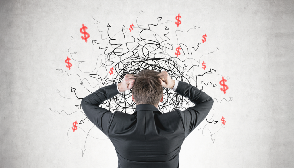 Image showing a man with his back to the viewer. He has his hands holding his head, looking stressed. His head is surrounded by an assortment of frantic looking arrows and dollar signs.