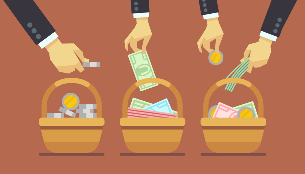 Illustrated image of four sets of hands placing different kinds of money into three separate baskets.