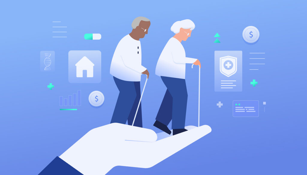 Illustrated image of an elderly couple supported by a hand. They are surrounded by medical and financial related icons.
